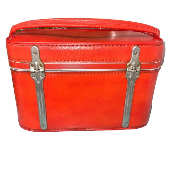 Amelia Earhart Train Case Luggage Orange Vinyl Vintage Handle Metal Hardware - Picture 4 of 12